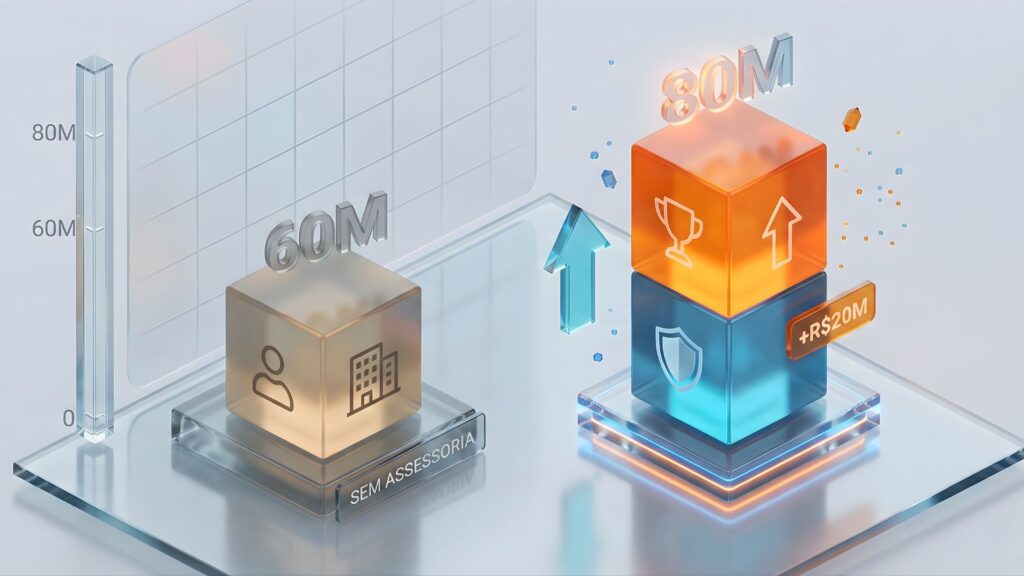 Gráfico 3D comparando o resultado de R$ 60 milhões sem assessoria e R$ 80 milhões com a Valore Brasil na venda de empresa