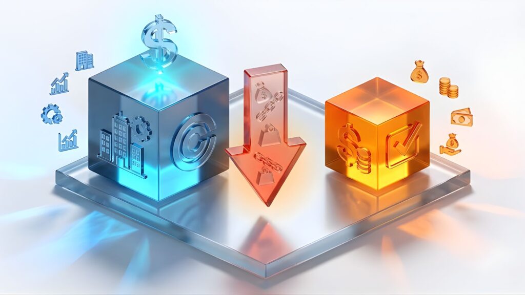 Ilustração 3D mostrando a diferença entre Enterprise Value e Equity Value em uma transação de M&A