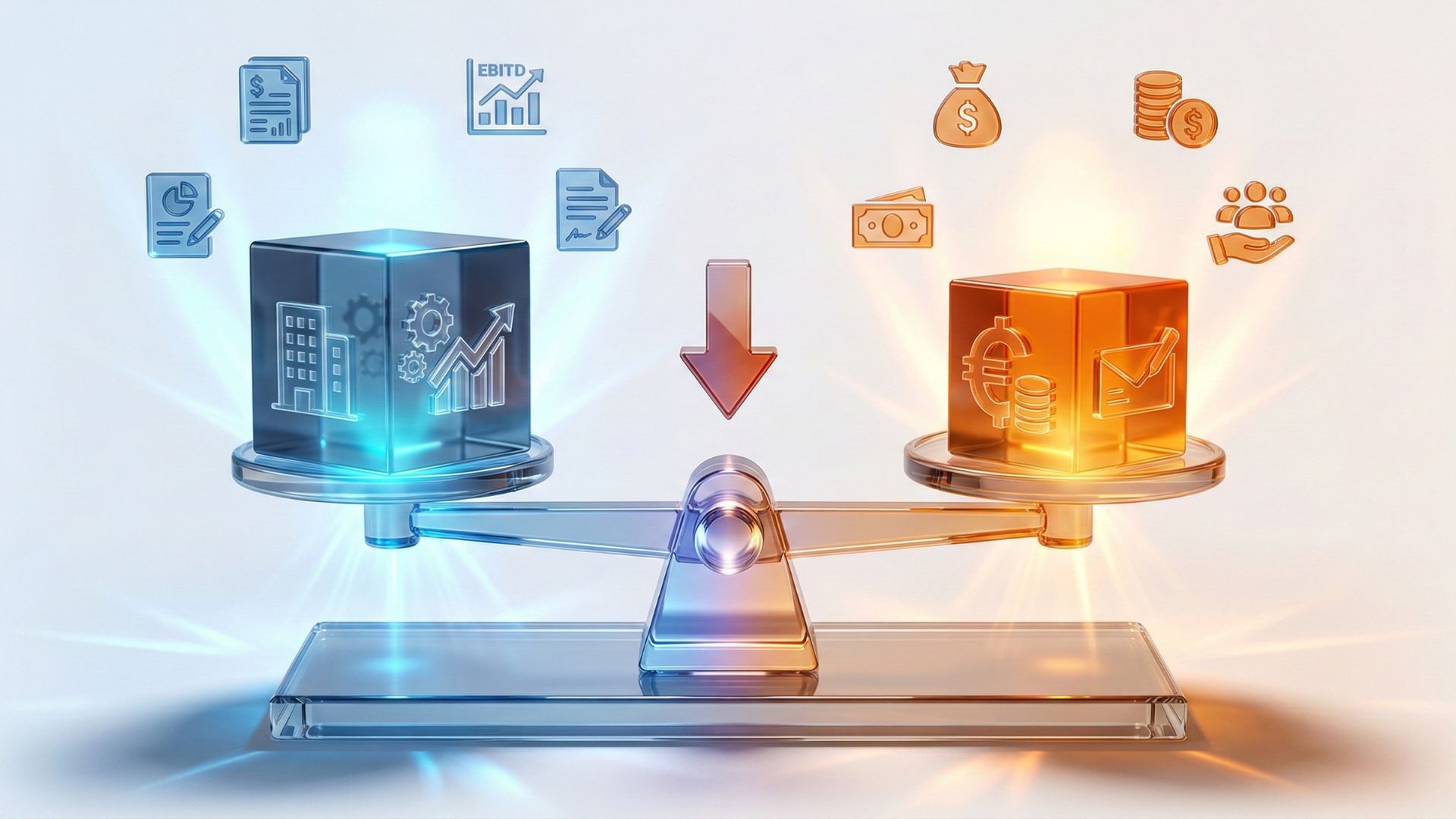 Balança 3D em vidro representando a diferença entre Enterprise Value e Equity Value na venda de uma empresa com assessoria M&A da Valore Brasil
