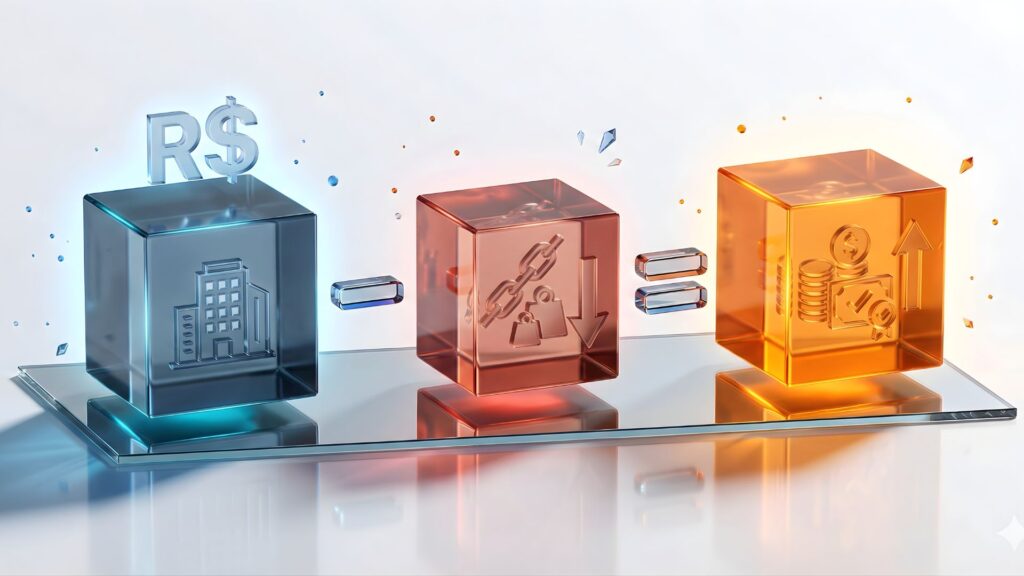 Fórmula visual em 3D: Equity Value igual a Enterprise Value menos Dívida Líquida, representada por cubos de vidro