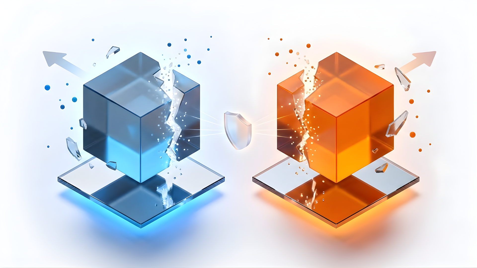 Ilustração 3D glassmorphism de dois cubos em vidro azul e laranja se afastando com linha de fratura central representando o processo de separação de sócios e dissolução de sociedade empresarial